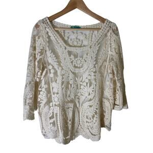 MY EMBLEM Cream Lace Fairy Hippie Boho Semi Sheer Top SZ L
